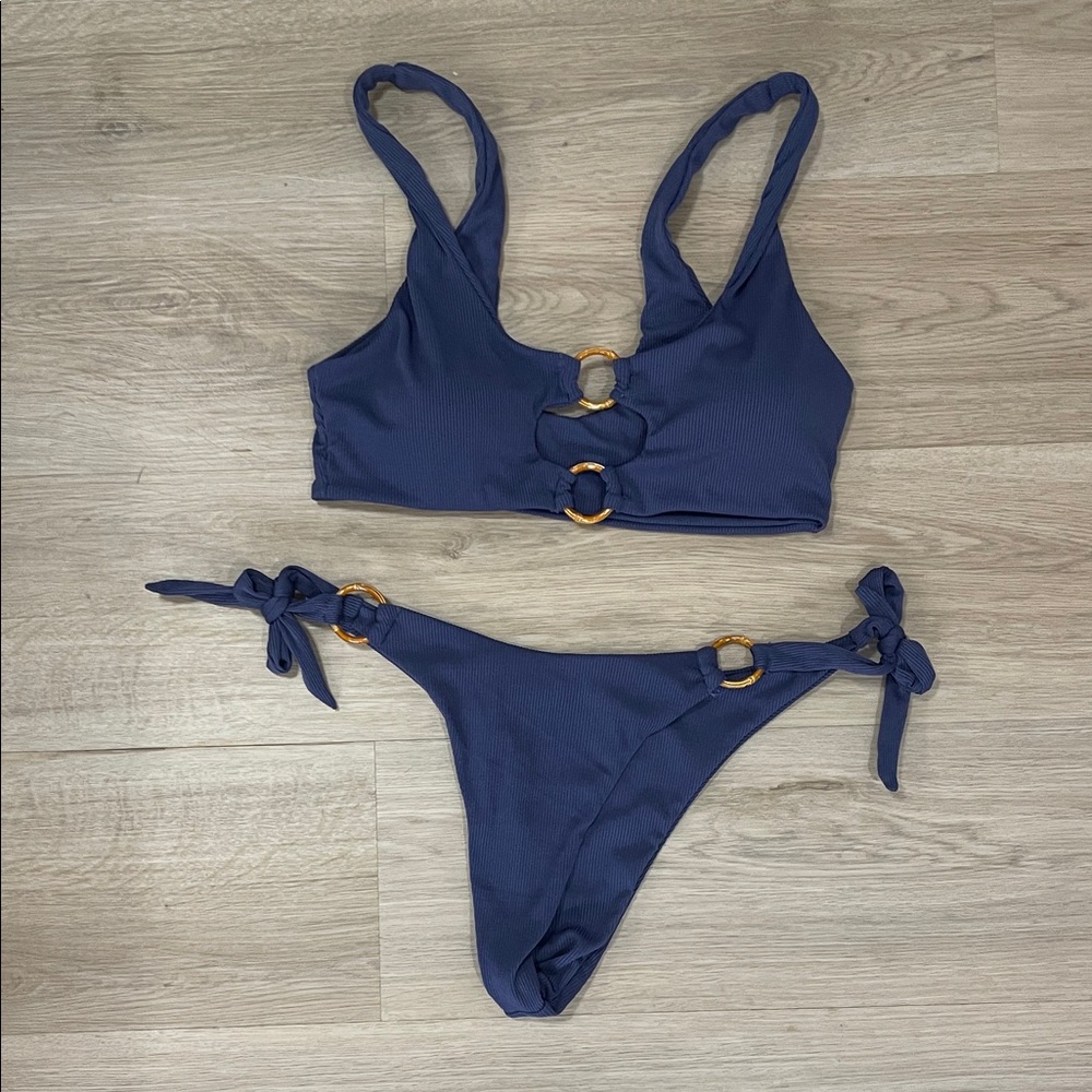 Zaful Navy Blue Bikini Set with Faux wood Accents